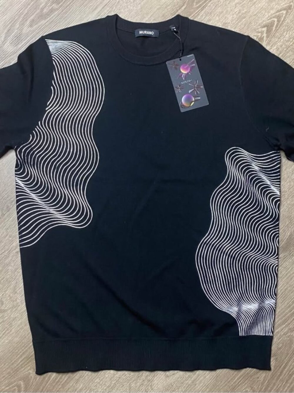 Murano Men’s Black Wavy Knit Top – Silver Wave Detail, Size M, NWT